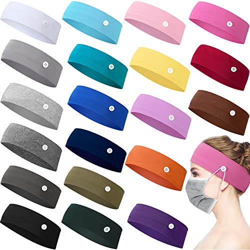 20 Pieces Elastic Button Headband, Stretch Sport Headband Yoga Workout Running Turban Multicolor Ear Protection Holder for Men Women, Solid Color