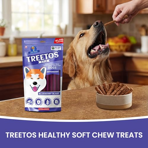 Image of Dr. Pets Pack of 10 (85g Each) Treetos Blueberry Blast Dog Treats | Soft Chew Sticks for Puppies & Adult Dogs | Real Chicken Training Treats | Antioxidant Enriched Snacks