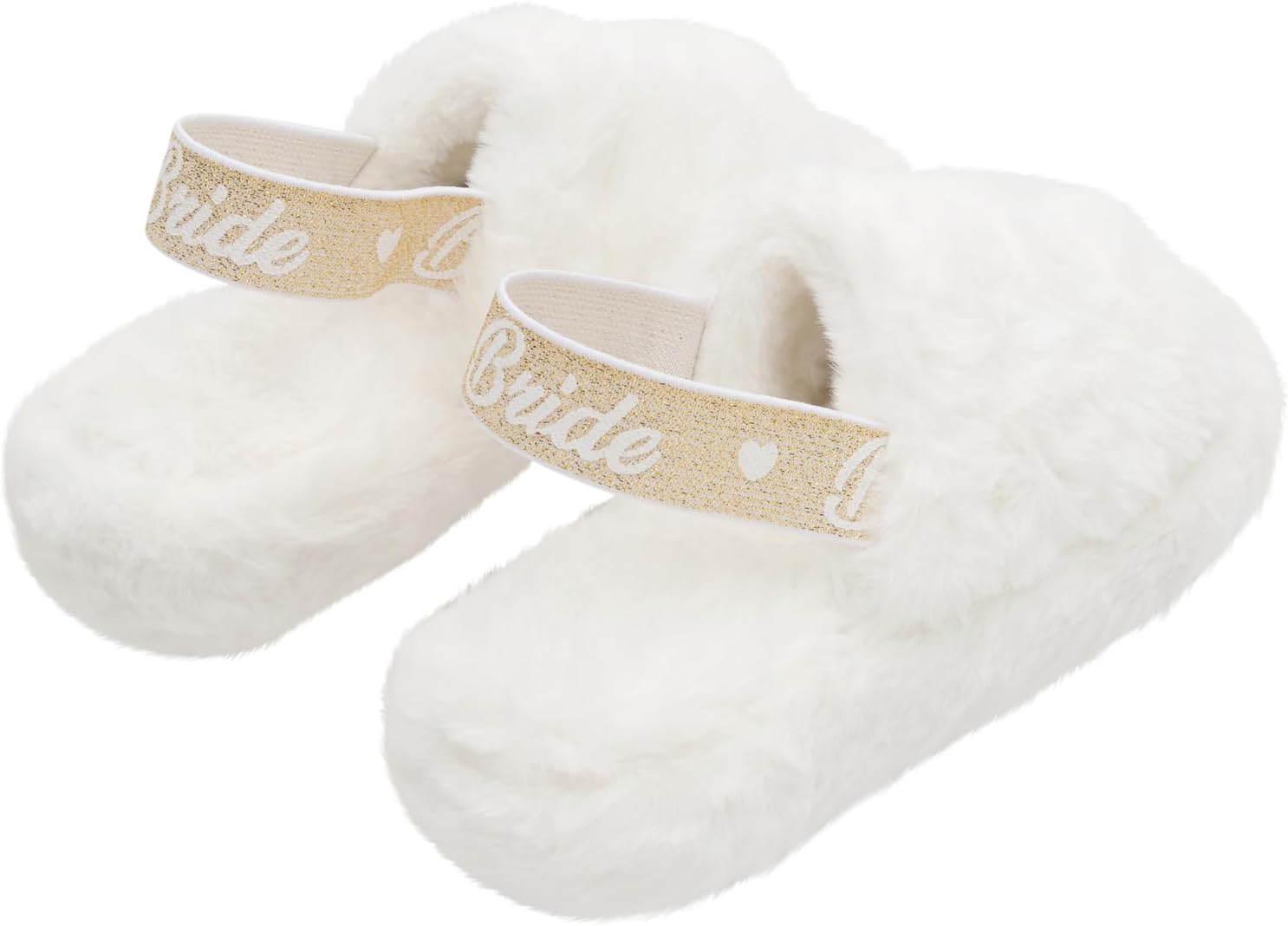 Bride Slippers - Cozy White Fur - Cute Gold Strap