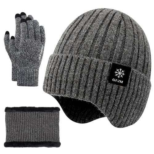 FOSDICK Conjunto Bufanda y Gorro y Guantes Mujer Hombre, Set de Braga Cuello Gorro Invierno Guantes Tactiles, Punto Gorra Bufandas Guante Termico, 3 en 1 Gorras Beanie Bragas Cuello Winter Gloves,Gris