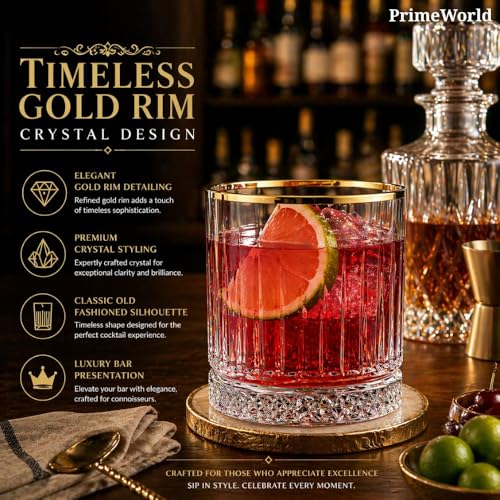 Image of PrimeWorld Timeless Gold Rim European Crystal Whiskey Glasses Set of 6 pcs- 355 ml Bar Glass for Drinking Bourbon, Whisky, Scotch, Cocktails, Cognac- Old Fashioned Cocktail Tumblers