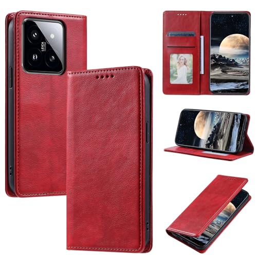 Coque Xiaomi 14 protection cuir pour voyager léger grâce au portefeuille magnétique rouge
