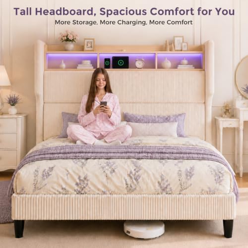 Stylish Queen Size Girls Bed Frame With 46 Inch Tall Headboard Cream - Image 4