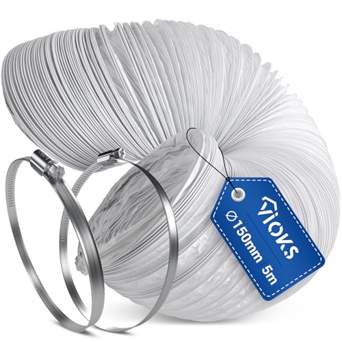 VIOKS Set Abluftschlauch Klimagerät 5 Meter Weiß Klima Abluftschlauch 150mm Ø aus PVC + Schlauchschelle 140-160mmØ W2 Chromstahl - Klimaanlage...