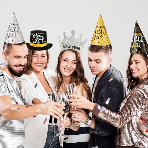84Pcs New Year’s Eve Party Supplies for 24 Guest Black Gold Wearables Noisemakers 2024 Happy New Year Party Decoration include Cone Hats Tiaras Tassel Squawkers Beaded Necklace Great Party Favors
