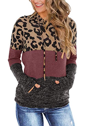 Fashare Womens Hooded Sweatshirts Leopard Color Block Hoodie Long Sleeve Pullover with Pockets Fuchsia