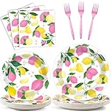 OBUSATT 96Pcs Pink Lemon Party Supplies Lemon Paper Plates Napkins Lemons Summer Party Decorations Pink Lemonade Dinnerware Party Favor Birthday Party Picnic HomeTableware Serves 24