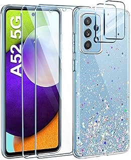 Leathlux Clear Glitter Case Compatible with Samsung Galaxy A52 5G/4G2 Screen Protector & 2 Camera Lens Protector, TPU Silicone Sparkly Bling Star Soft Cover Flexible Transparent Cover
