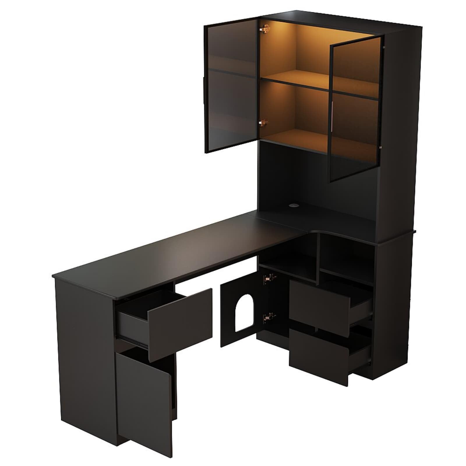 KOMHTOM Bureau d'angle Droit avec Vitrine LED Table Informatique 3 Tiroirs Étagères et Niche pour Animaux Meuble Rangement Noir(Noir Mat Gamer avec LED - Angle Droit)