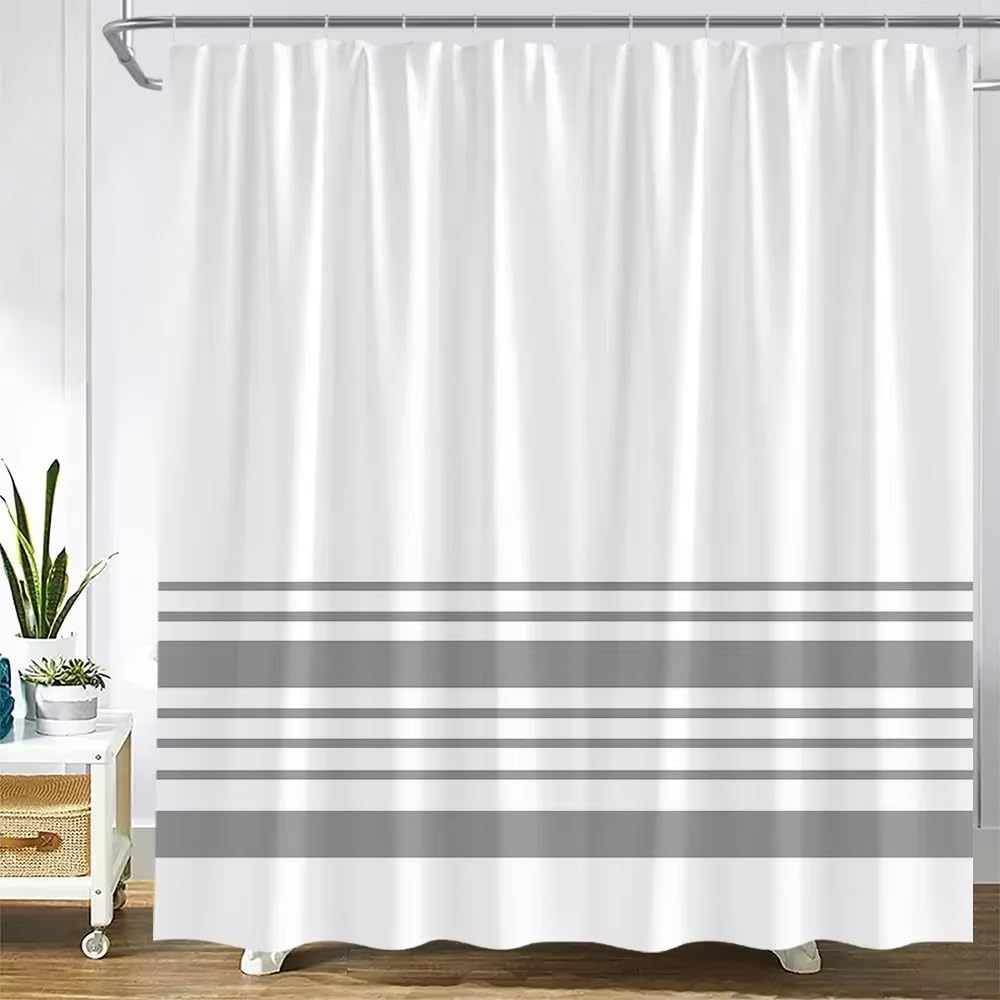 KELAIMI Simple Striped Print Shower Curtain - Modern Geometric Horizontal Stripe Bathroom Curtain with Hooks - Boho Line Bath Curtain with Hooks Grey 180X210Cm