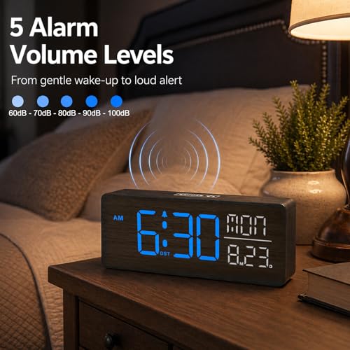 Image of Peakeep Wooden Digital Alarm Clock Large Display, Textured Decoration | for Bedroom Living Room Desk Table, Electric Plug-in Clock Battery Backup with Time Date Day, 5 Brightness, Auto DST