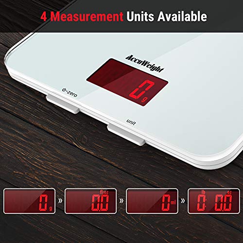 ACCUWEIGHT-Bascula-Digital-de-Cocina-con-Superficie-de-Vidrio-Templado-5kg11-lbs-Balanza-Alimentos-Multifuncional-con-Pantalla-LCD-para-Peso-de-Comida-Alta-Precision-hasta-1g-Blanco