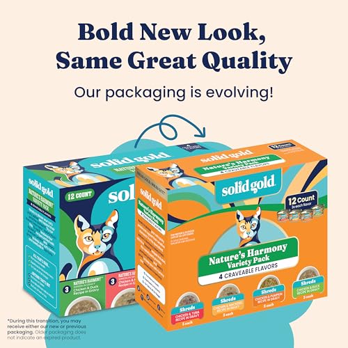 Image of Solid Gold Wet Cat Food Variety Pack Shreds in Gravy - Healthy Canned Cat Food Made w /Real Chicken & Protein Shreds, Vitamins - Grain Free & Gluten Free Canned Meals for Cats & Kittens - 12ct /3oz Can