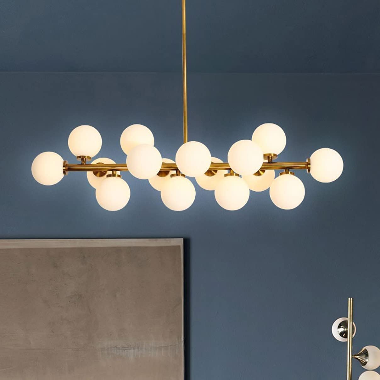OGYJMSFN Chandelier Modern Sputnik Chandelier Black Linear Branch Pendant Light with White Globe Glass Shades Mid Century Industrial Ceiling Lighting Fixture(Golden)
