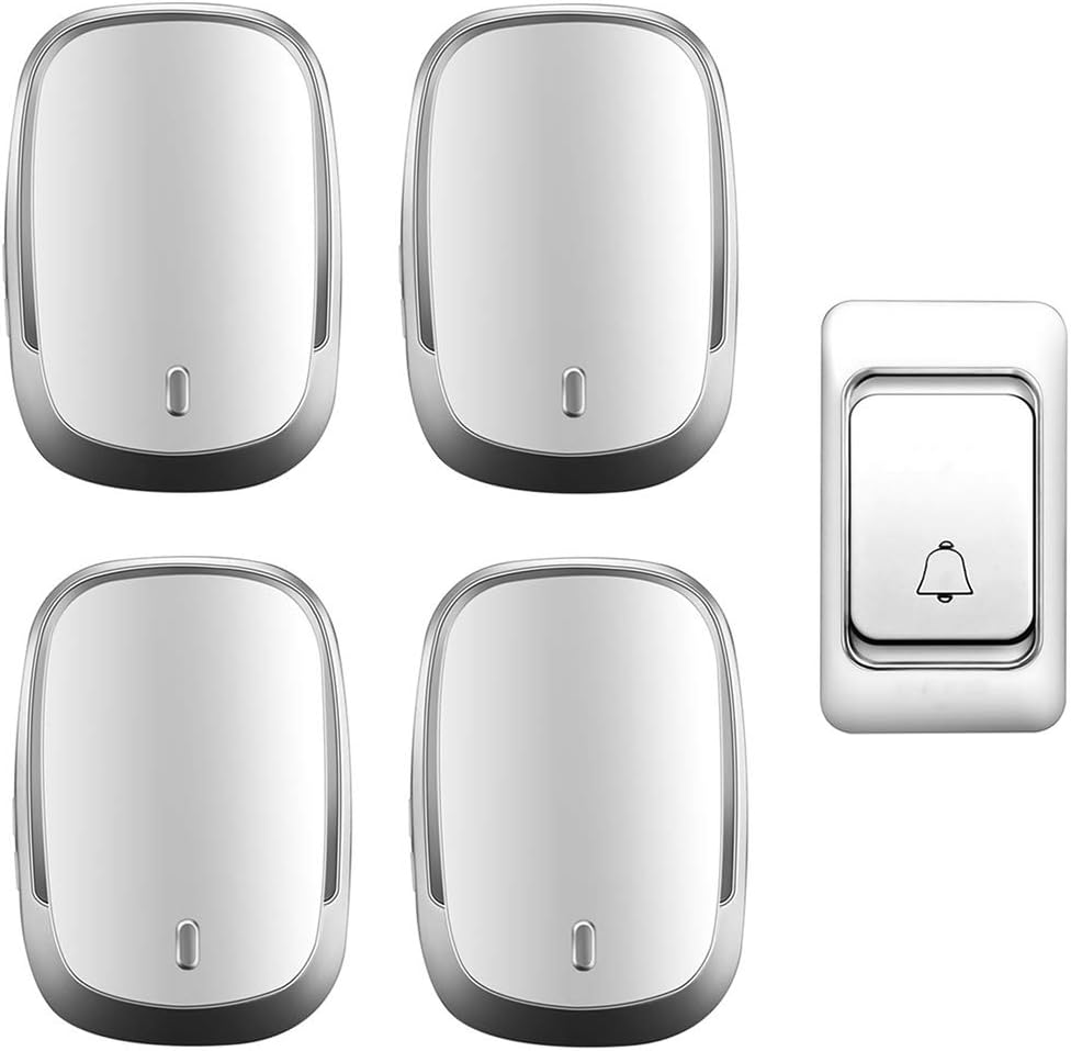 Wireless Doorbell Waterproof, 36 Music Melody / 4 Volume Levels / 300M Range Wall Plug-in Cordless Doorbell, 1 Transmitter 4 Receivers, Intelligent Flashing Light Remind,Silver,B,Black