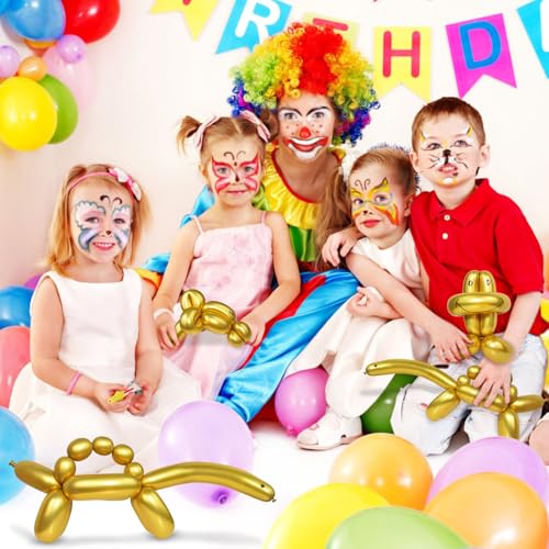 Image of LXZFCRG 260 Long Balloons, Shiny Metallic Latex Twisting Balloon for Balloon Animals, Magic Balloons for Birthdays Wedding Party Decorations 100pcs (Metallic Gold)
