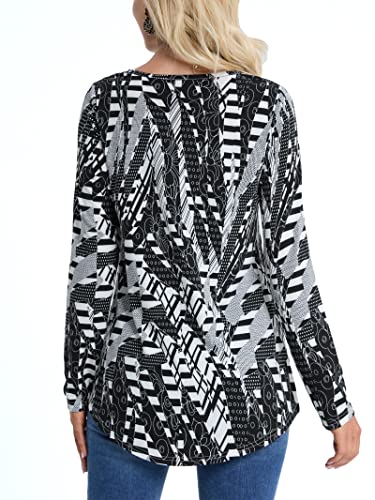Baishenggt Women's Fall Long Sleeve Tunic Tops Casual Floral Printed Button Up Shirts Blouse Black Geometric S #TOP3