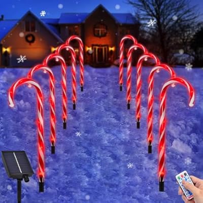 Solar Christmas Lights Outdoor - 10 Sets 21in Candy Cane 60 LEDs with Remote Control USB Rechargeable Solar Panel - Lighted Xmas Waterproof Path Landscape Lights, Outside Indoor Decorations - Red