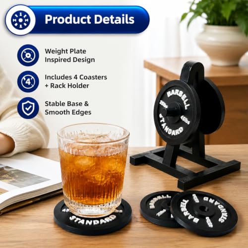 Weight Plate Coaster Set with Rack Holder, Barbell Drink Coasters - Image 3