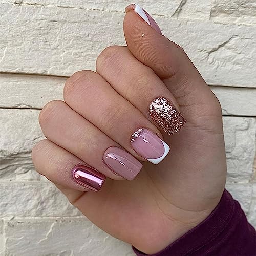 24pcs French False Nails Short White Tip Stick on Nails Rose Gold Glitter Press on Nails Removable Glue-on Nails Full Cover Fake Nails Women Girls Nail Art Accessories