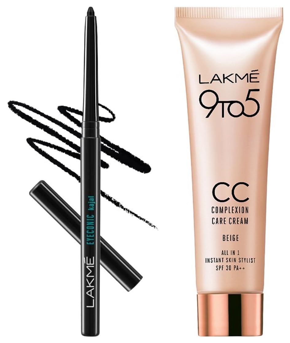 LAKMÉ Eyeconic Black Kajal, Matte Kohl Liner In A Twist Up Pencil, 0.35 G & Lakme 9 To 5 Cc Cream Mini, 01 - Beige, Light Face Makeup With Natural Coverage, Spf 30, 9 G-image-11