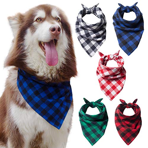 Huskylove Dog Bandana- 5Pcs Pack Reversible Buffalo Plaid Washable Cotton Kerchief Triangle Bibs Scarfs Accessories For Small Medium Large Dogs Puppy Cats Pets (Large, Pack) #TOP6