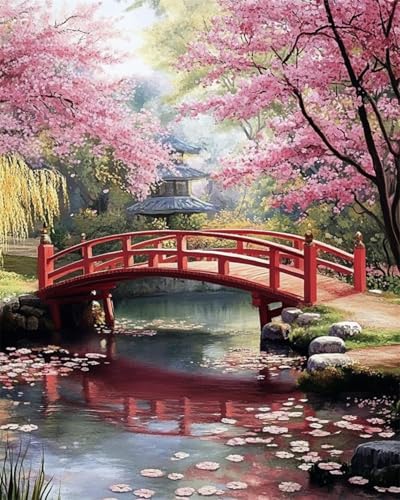 RKFLGEW 14CT Kit Petit Point Puente Japonés Y Árboles En Flor Kits De Punto De Cruz Kit De Inicio De Bordado Para Principiantes Diy Decoración Del Hogar 30x40cm