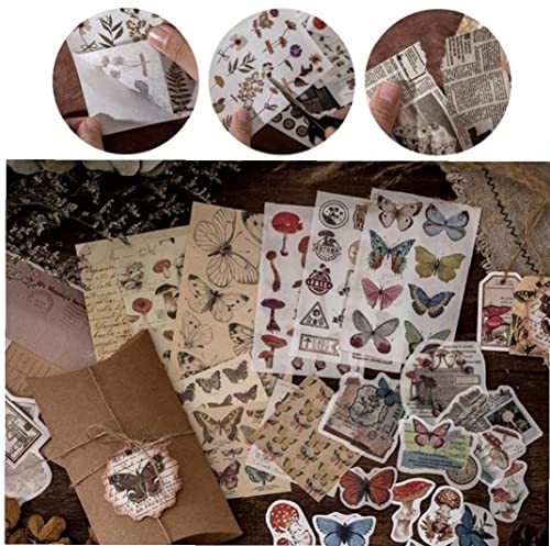 Pacote de adesivos de scrapbook vintage durável, decalques de papel retrô cogumelo floral para diári