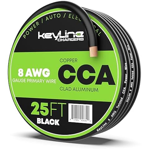 8 Gauge Amp Wire - 25ft Black | Best Used for Battery Cable, Marine Speaker Wiring, Solar Systems for RV Trailer, Car Audio Speaker, 8 AWG Automotive Copper Clad Aluminum (CCA) Cover