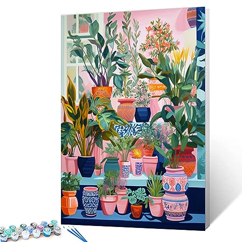 Colorful Potted Plants Digital Painting Paint by Numbers Kit for Adults Acrylic Oil Painting Set Painting for Beginners Tropical Green Leafy Plants Drawing Wall Decor Gift 12x16 in (Frameless)