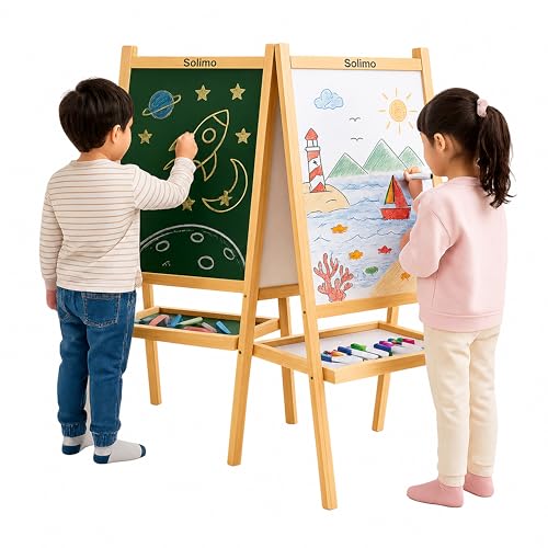 Image of Amazon Brand - Solimo 2 in 1 Double Sided Wooden Easel Stand, Whiteboard and Chalkboard, A-Type Foldable, 80 cm x 40 cm, with Tray, for Kids with Whiteboard Marker & Non-Magnetic Duster