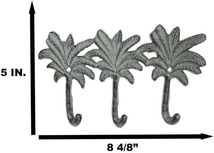 Miniatura 2 de Ebros Gift Paquete de 2 figuras de hierro fundido Verdigris Tropical Paradise Beach, 3 palmeras de coco, 3 clavijas, ganchos de pared triples,