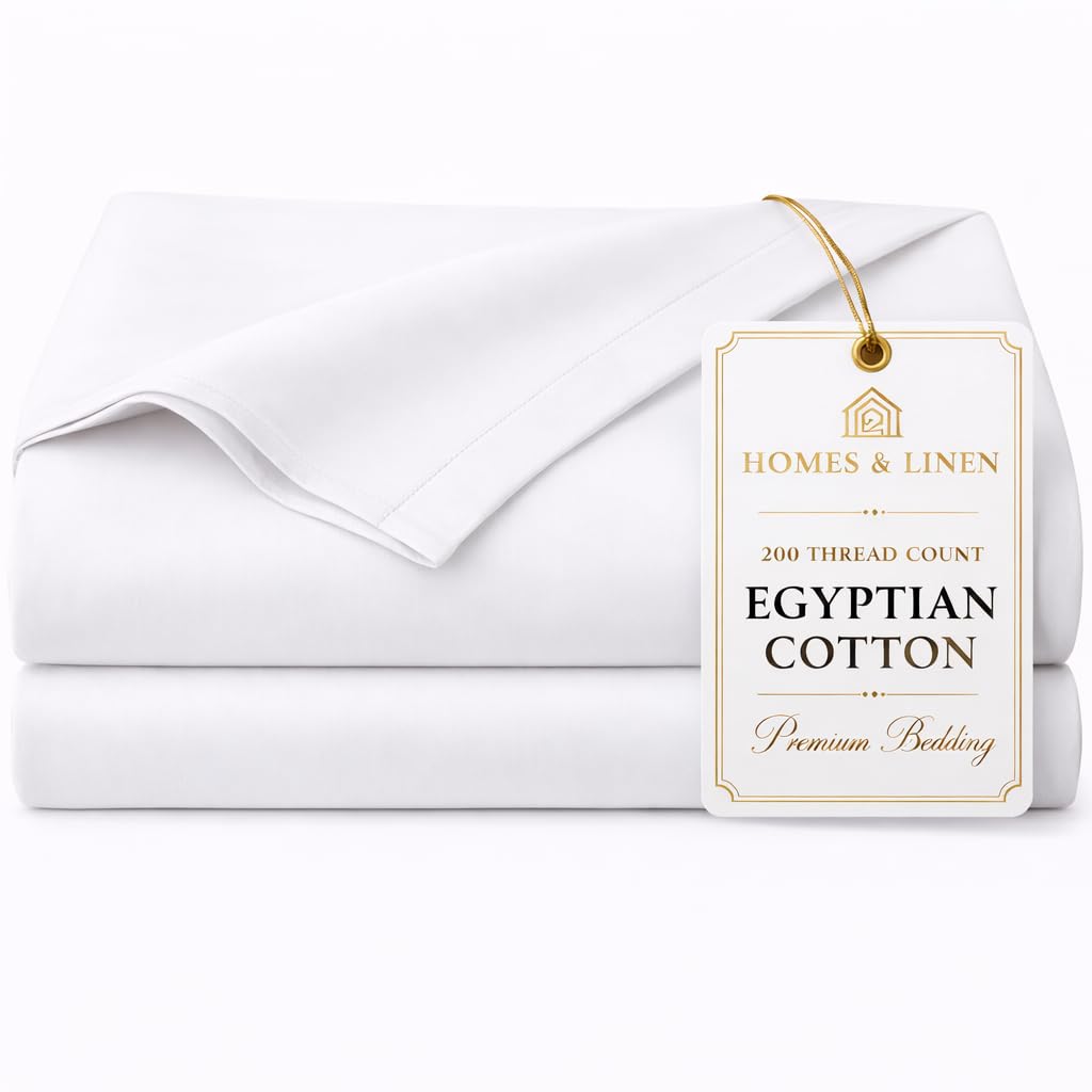 HOMES-LINEN Flat Sheet 100% Egyptian Cotton 200 Thread Count Hotel Quality Flat Bed Sheets (White, King)