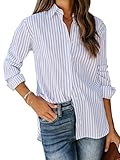 siliteelon Womens Button Down Shirts Cotton Striped Dress Shirt Long Sleeve Collared Office Work Blouses Tops - Blue and White M