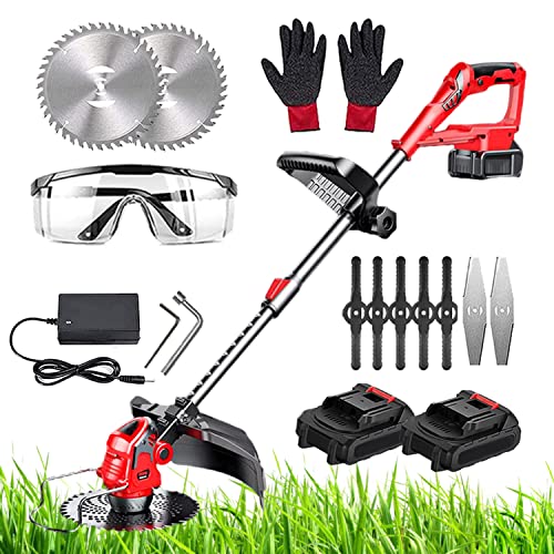 Tondeuse à gazon sans fil avec batterie 24 V et chargeur Power (2 batteries 24 V ,15 cm de largeur de coupe télescopique, rotation à 90 °) pour tondre pelouse et broussailleuse (rouge) Cover