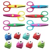 OZNEWLIFE Kinder Bastelscheren Set 6 Stück Kinder Zickzackschere 8 Stück Mini Papierstanzer mit Verschiedenen Schnittmustern Sicherheits-Kantenschere Buntes für DIY Gestaltung Papierschnitt