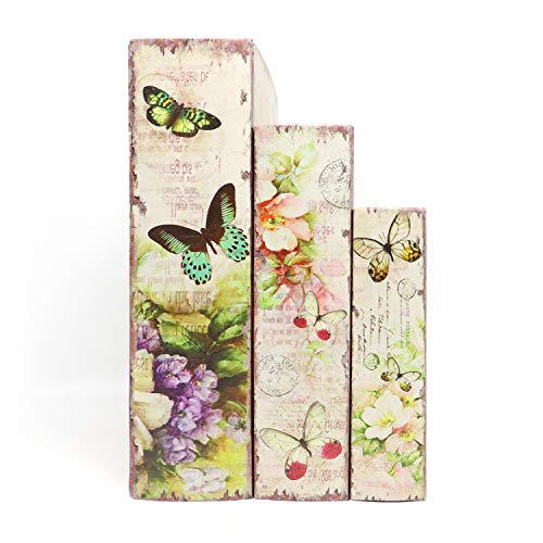 Jolitac Decorative Book Boxes World Map Pattern Antique Book Invisible Box With Magnetic Cover, Faux Wood Set Of 3 Storage Set (Butterfly) #TOP2