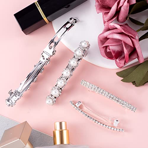 Hinzic 4Pcs Pearl Rhinestone Hair Barrettes Sparkly Crystal Hair Clip French Design Bridal Fashion Bling Rhinestone Hair Clips Ponytail Holder Clip Diamond Headdress For Women Girls Prom #TOP2