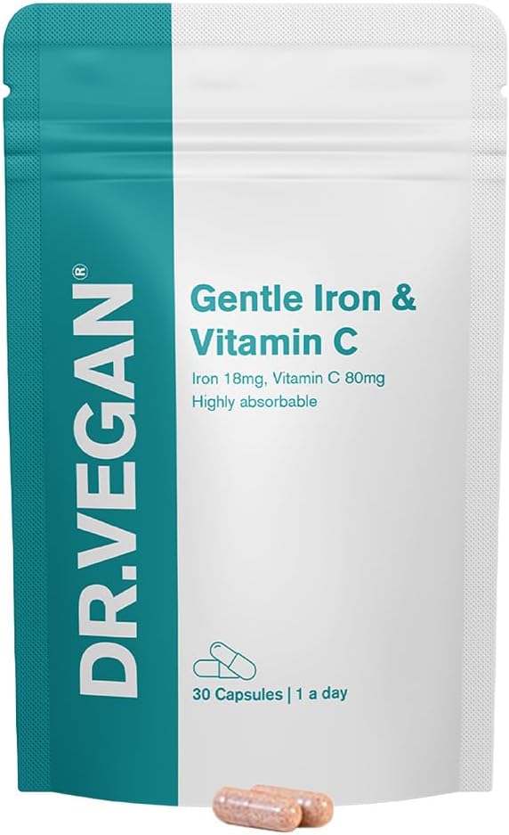 Daily Gentle Iron & Vitamin C | Healthy Immune System and Energy | 30 Vegan Capsules | One-A-Day | DR.VEGAN