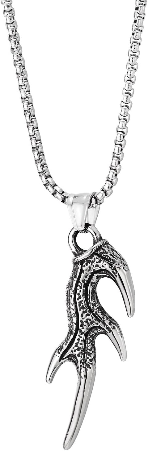 COOLSTEELANDBEYOND Men's Antler Pendant Necklace in Antique Silver-Tone Stainless Steel, Tribal, Rustic Hunting Jewelry - Image 3