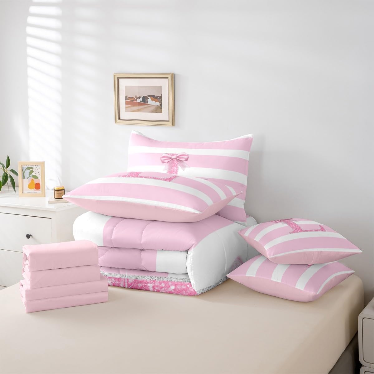Erosebridal Initial Letter L Comforter Sets 7 Piece for Kids Kawaii Bowknot Full Sheet Set Modern Pink Stripes Bedding Set for Girls Women Teens Cute Sequins Bow Bed in A Bag with 2 Pillow Cases