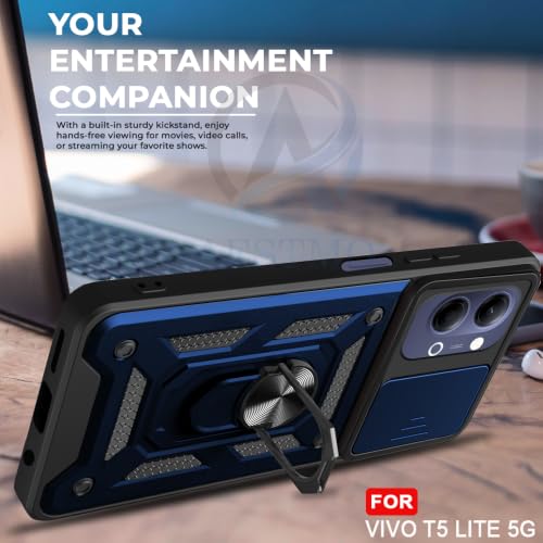 Image of AESTMO Tough Armor Vivo T5 Lite 44W 5G Bumper Back Case Cover | Ring Holder & Sliding Camera Shield Cover | 360 Degree Protection Back Case Cover for Vivo T5 Lite 44W 5G (Blue)