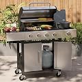 Aoxun 4-Burner Propane Grill with Side Burner, 49000 BTU Gas Grill, Stainless Grill with Cast Iron Grates & Side Tables for Backyard, Patio, Camping, Black and Silvery