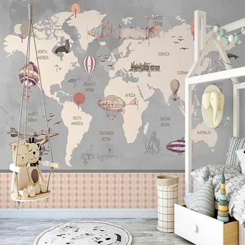HBYUEHAN Mapa del mundo Retro avión globo de aire caliente habitación de los niños papel pintado con foto 3D arte moderno cartel sala de estar fondo de sala mural de pared