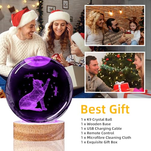 Image of 3D Cat Crystal Ball Night Light Cat Lover Gifts for Women Upgraded 3.15 In Cat Figurines Glass Ball Home Decor Lamps with 16 Color Cat Collectibles Snow Globes Gift for Girl Cat Lamp for Her Mom