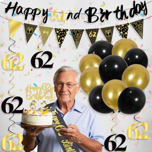 Image of 62nd Birthday Decorations for Men, Black Gold 62nd Party Decoration Kits