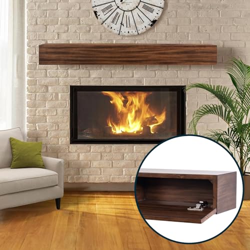 MANTELSDIRECT Houston Floating Wood Mantel Shelf with Hidden Storage Compartment - Mocha 60 Inch |...