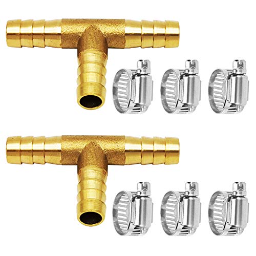 Da by 2 pcs 5/16"(8mm) Brass Tee Barb Fittings for 3/8" ID Hose,6 pcs Stainless Steel Pipe Clamps,3 Way Union Intersection for Water/Fuel/Air(T)