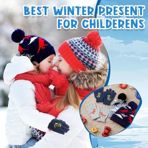 Image of 2 Sets Winter Boys Kids Hat Gloves Set Toddler Warm Hat with Gloves Pom Knit Baby Winter Soft Dinosaur Hats for Girl