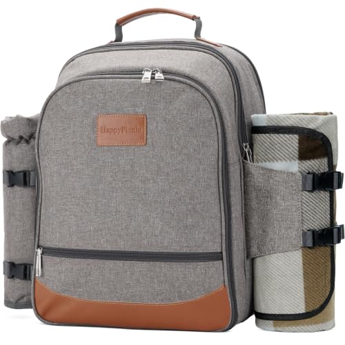 HappyPicnic Isolierter Picknickrucksack für 4 Personen mit komplettem Geschirr geräumigem Kühlfach Flaschenhaltern und großem wasserdichtem Picknick-Teppich